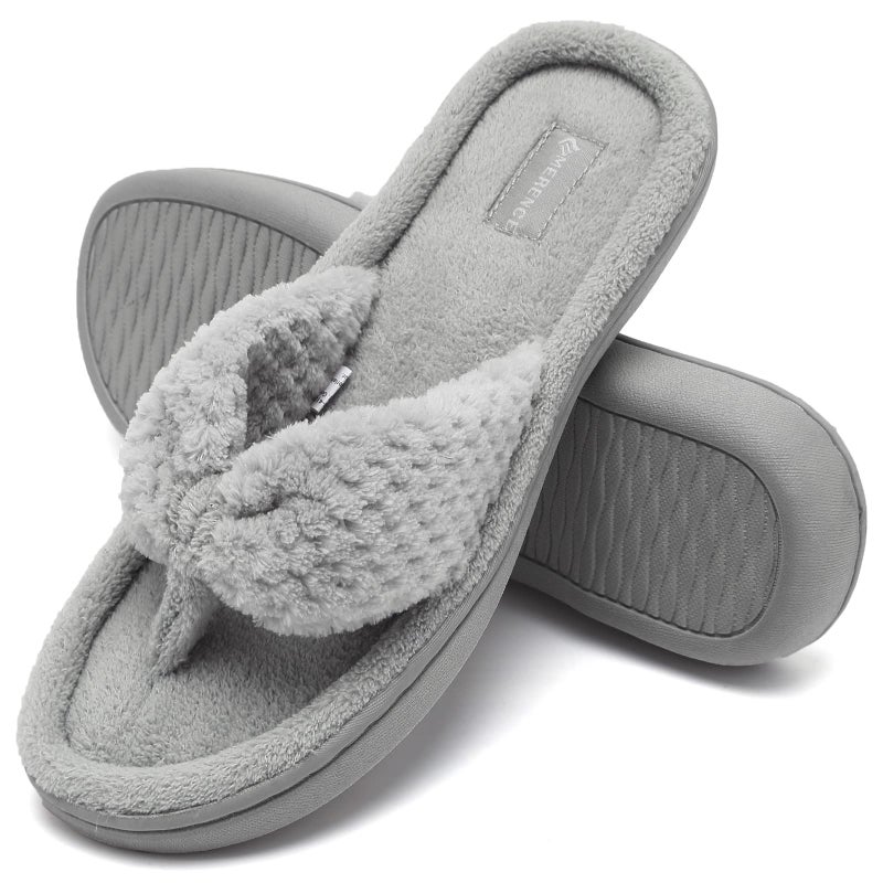 CIOR Women's Cozy Memory Foam Spa Thong Flip Flops House Indoor Slippers Plush Gridding Velvet Lining Clog Style-U1MTW017-21-Light Gray-42-43 - Image 1